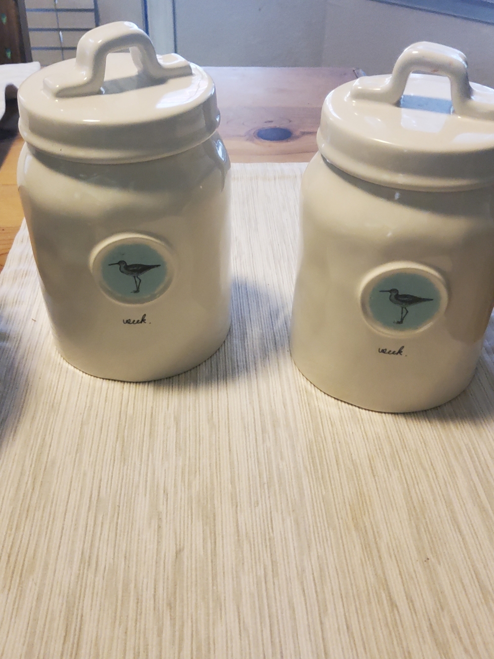 Rae Dunn White Ceramic Canisters with Turquoise Accent - Set of 2 "Seek"